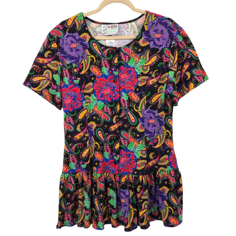 Vintage Topson Downs Shirt Top Paisley Peplum Blouse Sz M 80’s Stranger Things